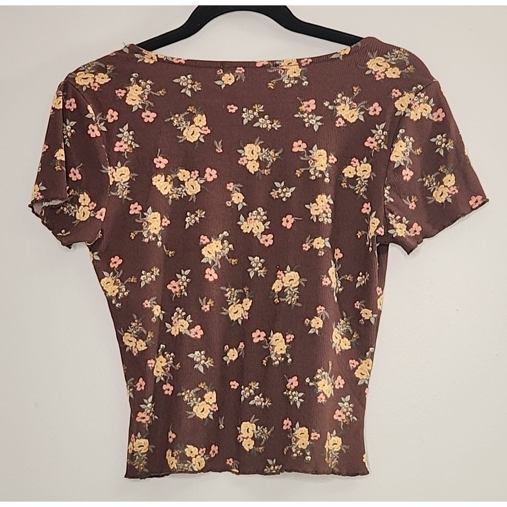 Y2K Brown Floral Baby Doll Short Sleeve Baby Tee Size Medium Cropped 90s Boho - Picture 4 of 11